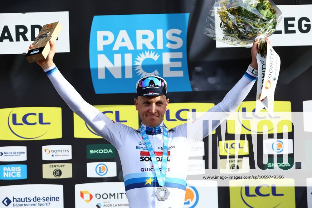 Belgian Tim Merlier of Soudal Quick-Step celebrates on the podium after winning stage two of the 83th edition of the Paris-Nice cycling race, from Montesson to Bellegarde (183,9 km) in France, Monday 10 March 2025. DAVIDxPINTENS x114619469x
