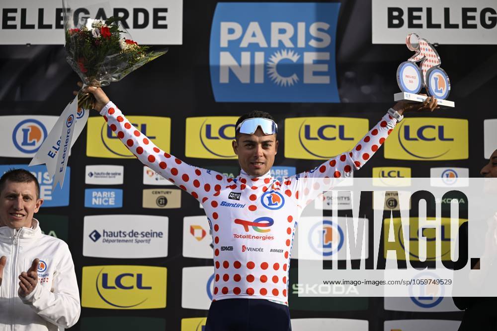 Paris - Nice 2025 - stage 2 BELLEGARDE, FRANCE - MARCH 10 : Delettre Alexandre (FRA) of Team Totalenergies on the podium with the polka dotted jersey during stage 2 of the 83th edition of the Paris - Nice cycling race, a stage of 183,9km with start in Montesson and finish in Bellegarde on March 10, 2025 in Bellegarde, France, 10 03 2025 ( Motordriver Kenny Verfaillie - Bellegarde France