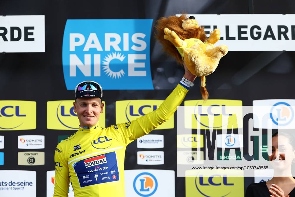 Belgian Tim Merlier of Soudal Quick-Step celebrates on the podium after winning stage two of the 83th edition of the Paris-Nice cycling race, from Montesson to Bellegarde (183,9 km) in France, Monday 10 March 2025. DAVIDxPINTENS x114620088x