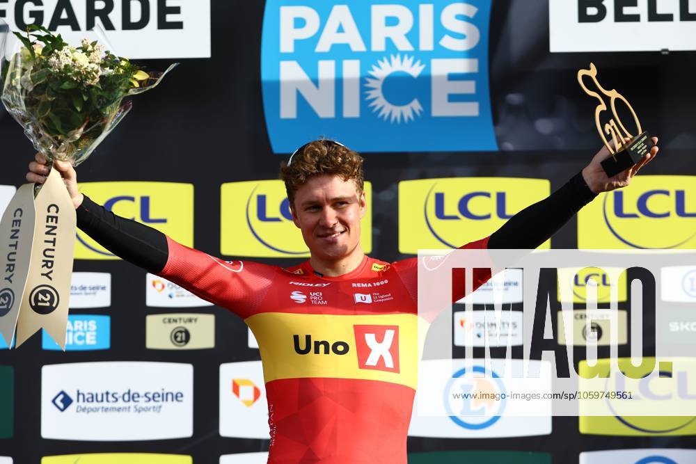 Norwegian Jonas Abrahamsen of Uno-X Mobility celebrates on the podium with the combativity award after stage two of the 83th edition of the Paris-Nice cycling race, from Montesson to Bellegarde (183,9 km) in France, Monday 10 March 2025. DAVIDxPINTENS x114620161x
