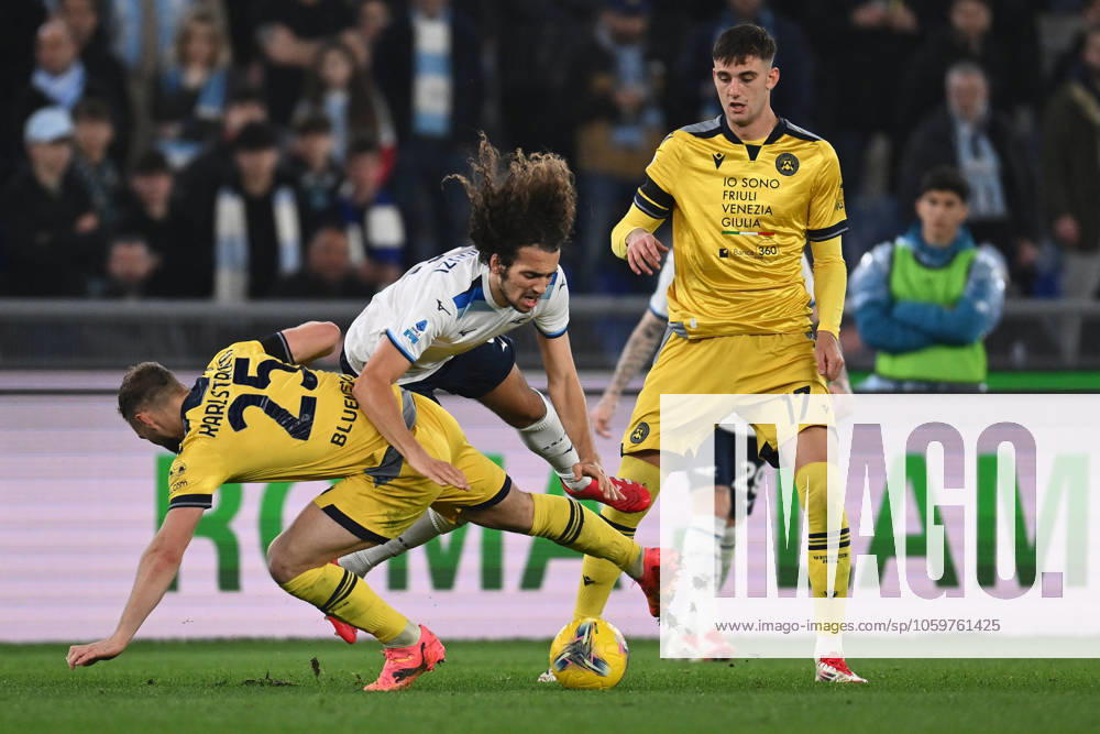 Jesper Karlstrom of Udinese Calcio and Matteo Guendouzi of S.S. Lazio are in action during the 28th day of the Serie A Championship between S.S. Lazio and Udinese Calcio at the Olympic Stadium on March 10, 2025 in Rome, Italy.