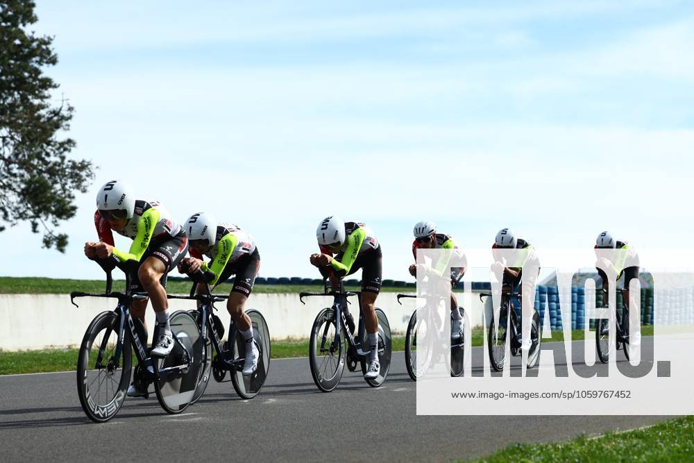 Intermarche-Wanty riders pictured during the warming up ahead of stage three of the 83th edition of the Paris-Nice cycling race, a 28,4km team time trial at the Nevers Magny-Cours racetrack, in Nevers, France, Tuesday 11 March 2025. DAVIDxPINTENS x114675590x