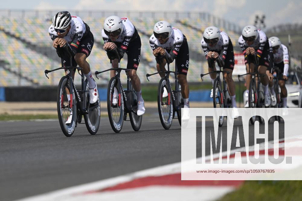 Paris - Nice 2025 - stage 3 NEVERS, FRANCE - MARCH 11 : training team Uae team Emirates during stage 3 of the 83th edition of the Paris - Nice cycling race, a team time-trail stage of 28,4km with start on the Circuit Magny-Cours and finish in Nevers on March 11, 2025 in Nevers, France, 11 03 2025 ( Motordriver Kenny Verfaillie - Nevers France