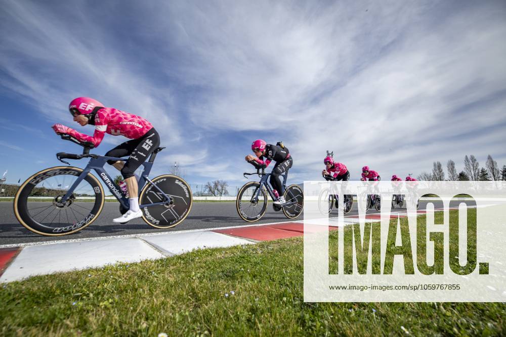 EF Education-EasyPost riders pictured during the warming up ahead of stage three of the 83th edition of the Paris-Nice cycling race, a 28,4km team time trial at the Nevers Magny-Cours racetrack, in Nevers, France, Tuesday 11 March 2025. DAVIDxPINTENS x114676841x