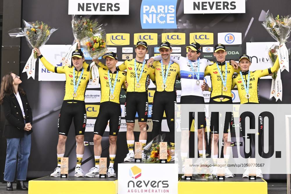 Paris - Nice 2025 - stage 3 NEVERS, FRANCE - MARCH 11 : Jorgenson Matteo (USA) of Team Visma Lease A Bike, Affini Edoardo (ITA) of Team Visma Lease A Bike, Campenaerts Victor (BEL) of Team Visma Lease A Bike, Hagenes Per Strand (NOR) of Team Visma Lease A Bike, Lemmen Bart (NED) of Team Visma Lease A Bike, Vingegaard Jonas (DEN) of Team Visma Lease A Bike, Zingle Axel (FRA) of Team Visma Lease A Bike pictured during the podium ceremony of stage 3 of the 83th edition of the Paris - Nice cycling race, a team time-trail stage of 28,4km with start on the Circuit Magny-Cours and finish in Nevers on March 11, 2025 in Nevers, France, 11 03 2025 ( Motordriver Kenny Verfaillie - Nevers France