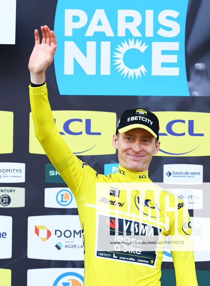 American Matteo Jorgenson of Team Visma-Lease a Bike celebrates in the yellow jersey of leader in the overall ranking after stage three of the 83th edition of the Paris-Nice cycling race, a 28,4km team time trial at the Nevers Magny-Cours racetrack, in Nevers, France, Tuesday 11 March 2025. DAVIDxPINTENS x114684682x