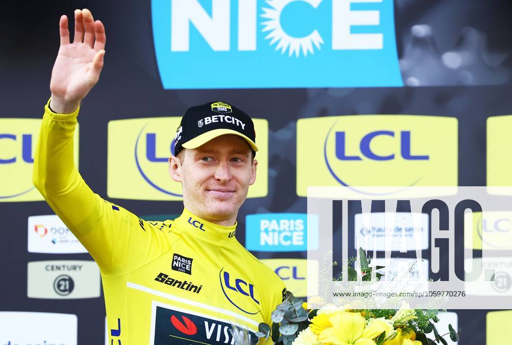 American Matteo Jorgenson of Team Visma-Lease a Bike celebrates in the yellow jersey of leader in the overall ranking after stage three of the 83th edition of the Paris-Nice cycling race, a 28,4km team time trial at the Nevers Magny-Cours racetrack, in Nevers, France, Tuesday 11 March 2025. DAVIDxPINTENS x114684742x
