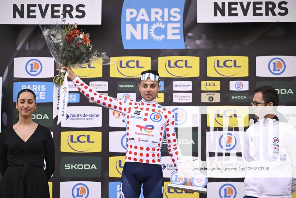 Paris - Nice 2025 - stage 3 NEVERS, FRANCE - MARCH 11 : Delettre Alexandre (FRA) of Team Totalenergies pictured with the polka dot jersey during the podium ceremony of stage 3 of the 83th edition of the Paris - Nice cycling race, a team time-trail stage of 28,4km with start on the Circuit Magny-Cours and finish in Nevers on March 11, 2025 in Nevers, France, 11 03 2025 ( Motordriver Kenny Verfaillie - Nevers France