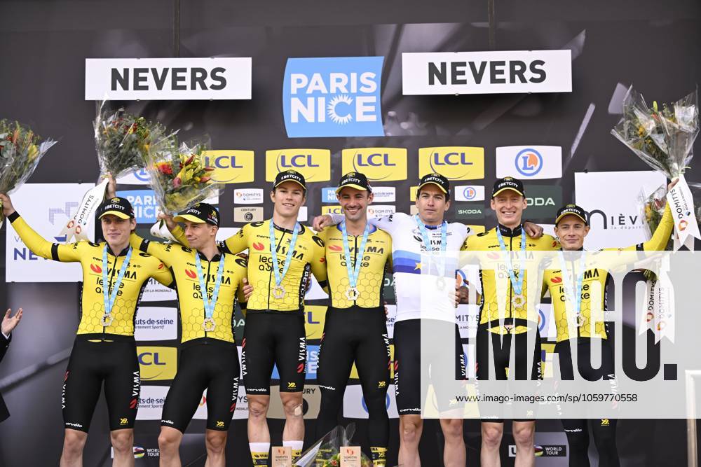 Paris - Nice 2025 - stage 3 NEVERS, FRANCE - MARCH 11 : Jorgenson Matteo (USA) of Team Visma Lease A Bike, Affini Edoardo (ITA) of Team Visma Lease A Bike, Campenaerts Victor (BEL) of Team Visma Lease A Bike, Hagenes Per Strand (NOR) of Team Visma Lease A Bike, Lemmen Bart (NED) of Team Visma Lease A Bike, Vingegaard Jonas (DEN) of Team Visma Lease A Bike, Zingle Axel (FRA) of Team Visma Lease A Bike pictured during the podium ceremony of stage 3 of the 83th edition of the Paris - Nice cycling race, a team time-trail stage of 28,4km with start on the Circuit Magny-Cours and finish in Nevers on March 11, 2025 in Nevers, France, 11 03 2025 ( Motordriver Kenny Verfaillie - Nevers France