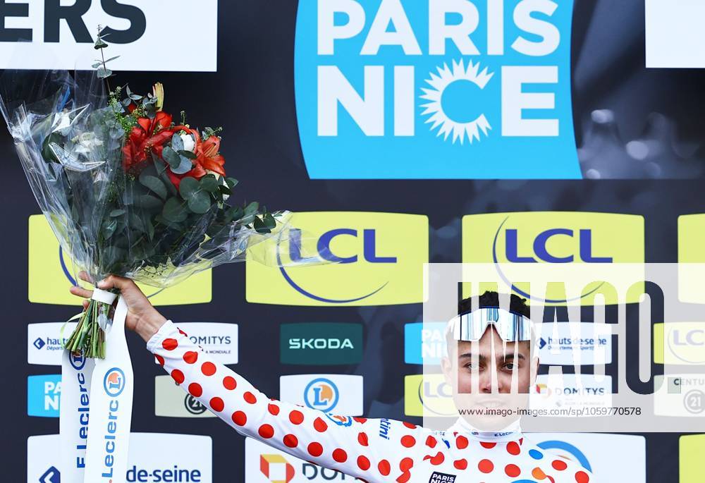 French Alexandre Delettre of TotalEnergies celebrates in the red polka-dot jersey for best climber after stage three of the 83th edition of the Paris-Nice cycling race, a 28,4km team time trial at the Nevers Magny-Cours racetrack, in Nevers, France, Tuesday 11 March 2025. DAVIDxPINTENS x114685254x