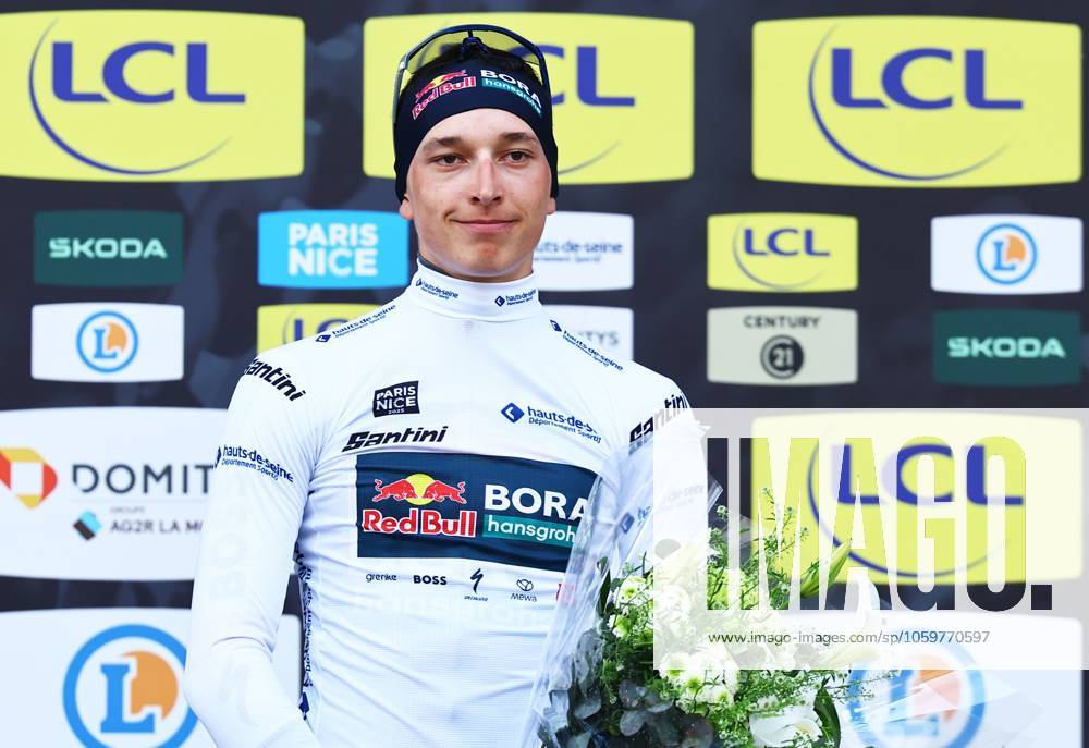 German Florian Lipowitz of RedBull-BORA-hansgrohe celebrates in the white jersey for best young rider after stage three of the 83th edition of the Paris-Nice cycling race, a 28,4km team time trial at the Nevers Magny-Cours racetrack, in Nevers, France, Tuesday 11 March 2025. DAVIDxPINTENS x114685297x