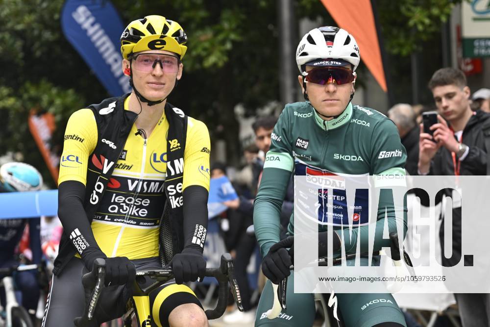 Paris - Nice 2025 - stage 4 LA LOGE DES GARDES, FRANCE - MARCH 12 : Jorgenson Matteo (USA) of Team Visma Lease A Bike and Merlier Tim (BEL) of Soudal Quick-Step during stage 4 of the 83th edition of the Paris - Nice cycling race, a stage of 163,4km with start in Vichy and finish in La Loge Des Gardes on March 12, 2025 in La Loge Des Gardes, France, 12 03 2025 ( Motordriver Kenny Verfaillie - La Loge Des Gardes France