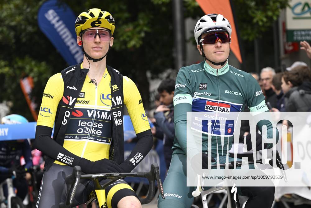 Paris - Nice 2025 - stage 4 LA LOGE DES GARDES, FRANCE - MARCH 12 : Jorgenson Matteo (USA) of Team Visma Lease A Bike and Merlier Tim (BEL) of Soudal Quick-Step during stage 4 of the 83th edition of the Paris - Nice cycling race, a stage of 163,4km with start in Vichy and finish in La Loge Des Gardes on March 12, 2025 in La Loge Des Gardes, France, 12 03 2025 ( Motordriver Kenny Verfaillie - La Loge Des Gardes France