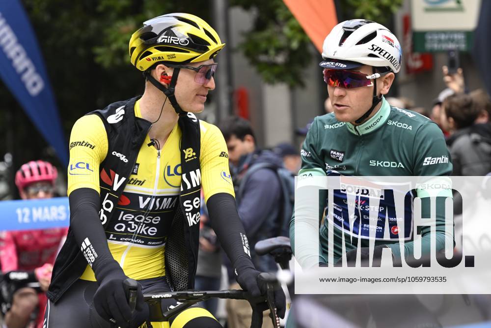 Paris - Nice 2025 - stage 4 LA LOGE DES GARDES, FRANCE - MARCH 12 : Jorgenson Matteo (USA) of Team Visma Lease A Bike and Merlier Tim (BEL) of Soudal Quick-Step during stage 4 of the 83th edition of the Paris - Nice cycling race, a stage of 163,4km with start in Vichy and finish in La Loge Des Gardes on March 12, 2025 in La Loge Des Gardes, France, 12 03 2025 ( Motordriver Kenny Verfaillie - La Loge Des Gardes France