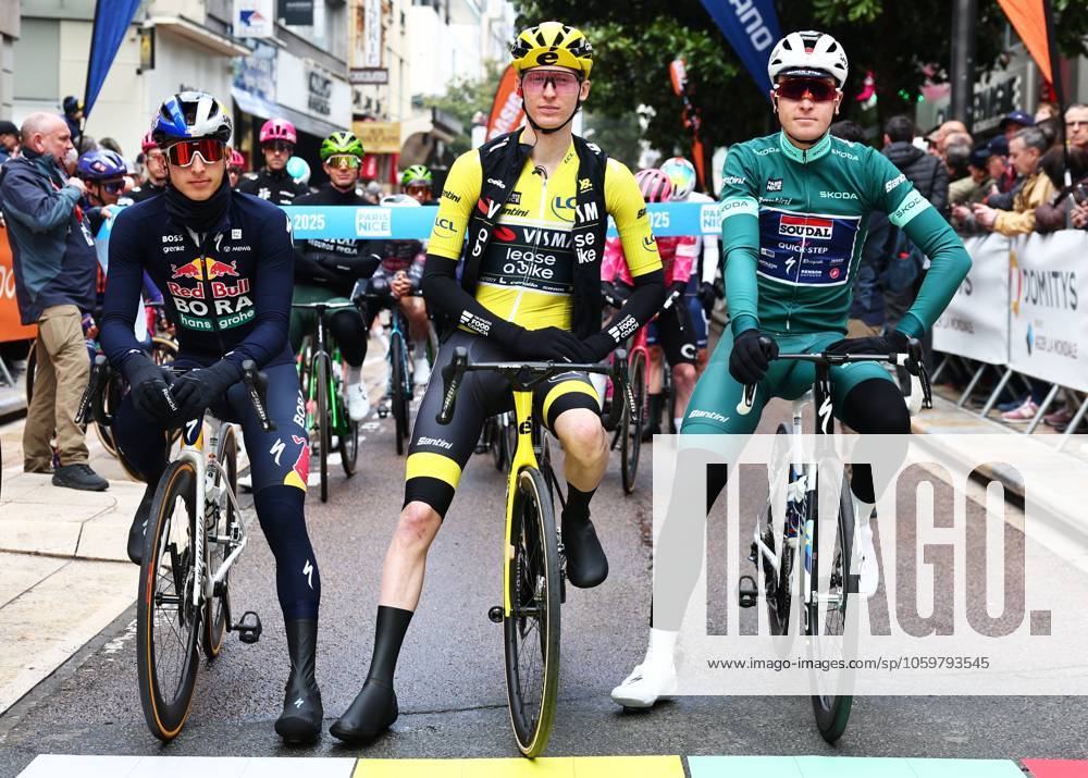 German Florian Lipowitz of RedBull-BORA-hansgrohe, American Matteo Jorgenson of Team Visma-Lease a Bike and Belgian Tim Merlier of Soudal Quick-Step pictured at the start of stage four of the 83th edition of the Paris-Nice cycling race, 163,4km from Vichy to La Loge des Gardes, France, Wednesday 12 March 2025. DAVIDxPINTENS x114746749x