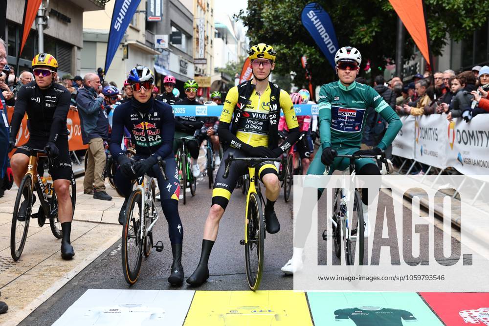 German Florian Lipowitz of RedBull-BORA-hansgrohe, American Matteo Jorgenson of Team Visma-Lease a Bike and Belgian Tim Merlier of Soudal Quick-Step pictured at the start of stage four of the 83th edition of the Paris-Nice cycling race, 163,4km from Vichy to La Loge des Gardes, France, Wednesday 12 March 2025. DAVIDxPINTENS x114746763x
