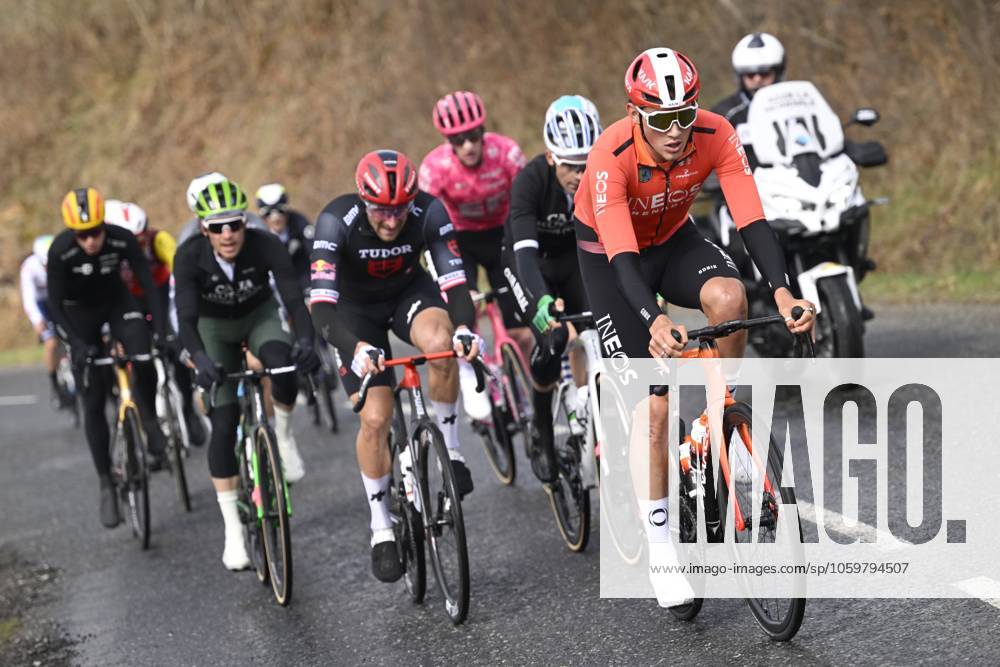 Paris - Nice 2025 - stage 4 LA LOGE DES GARDES, FRANCE - MARCH 12 : Tarling Joshua (GBR) of Ineos Grenadiers leading the escape pack during stage 4 of the 83th edition of the Paris - Nice cycling race, a stage of 163,4km with start in Vichy and finish in La Loge Des Gardes on March 12, 2025 in La Loge Des Gardes, France, 12 03 2025 ( Motordriver Kenny Verfaillie - La Loge Des Gardes France