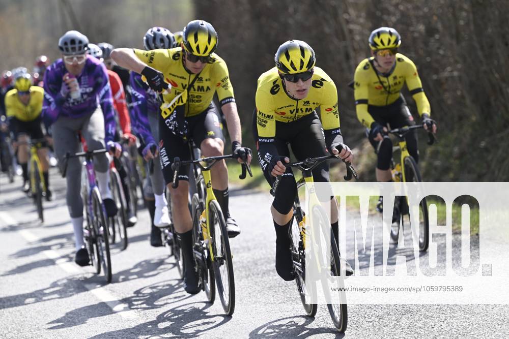 Paris - Nice 2025 - stage 4 LA LOGE DES GARDES, FRANCE - MARCH 12 : Hagenes Per Strand (NOR) of Team Visma Lease A Bike during stage 4 of the 83th edition of the Paris - Nice cycling race, a stage of 163,4km with start in Vichy and finish in La Loge Des Gardes on March 12, 2025 in La Loge Des Gardes, France, 12 03 2025 ( Motordriver Kenny Verfaillie - La Loge Des Gardes France