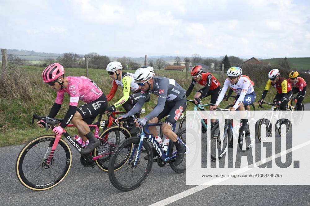 Paris - Nice 2025 - stage 4 LA LOGE DES GARDES, FRANCE - MARCH 12 : Albanese Vincenzo (ITA) of Ef Education - Easypost, Planckaert Edward (BEL) of Alpecin - Deceuninck, Gachignard Thomas (FRA) of Team Totalenergies during stage 4 of the 83th edition of the Paris - Nice cycling race, a stage of 163,4km with start in Vichy and finish in La Loge Des Gardes on March 12, 2025 in La Loge Des Gardes, France, 12 03 2025 ( Motordriver Kenny Verfaillie - La Loge Des Gardes France