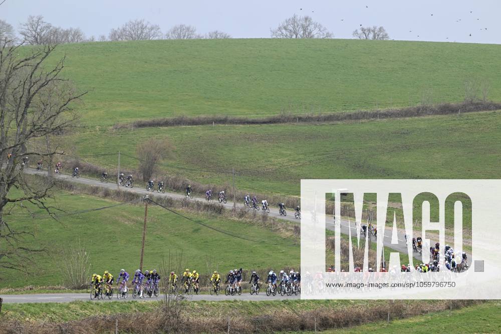 Paris - Nice 2025 - stage 4 LA LOGE DES GARDES, FRANCE - MARCH 12 : illustration picture peloton during stage 4 of the 83th edition of the Paris - Nice cycling race, a stage of 163,4km with start in Vichy and finish in La Loge Des Gardes on March 12, 2025 in La Loge Des Gardes, France, 12 03 2025 ( Motordriver Kenny Verfaillie - La Loge Des Gardes France