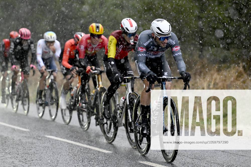 Paris - Nice 2025 - stage 4 LA LOGE DES GARDES, FRANCE - MARCH 12 : Planckaert Edward (BEL) of Alpecin - Deceuninck, Moniquet Sylvain (BEL) of Cofidis leading the escape pack and riding in hail during stage 4 of the 83th edition of the Paris - Nice cycling race, a stage of 163,4km with start in Vichy and finish in La Loge Des Gardes on March 12, 2025 in La Loge Des Gardes, France, 12 03 2025 ( Motordriver Kenny Verfaillie - La Loge Des Gardes France
