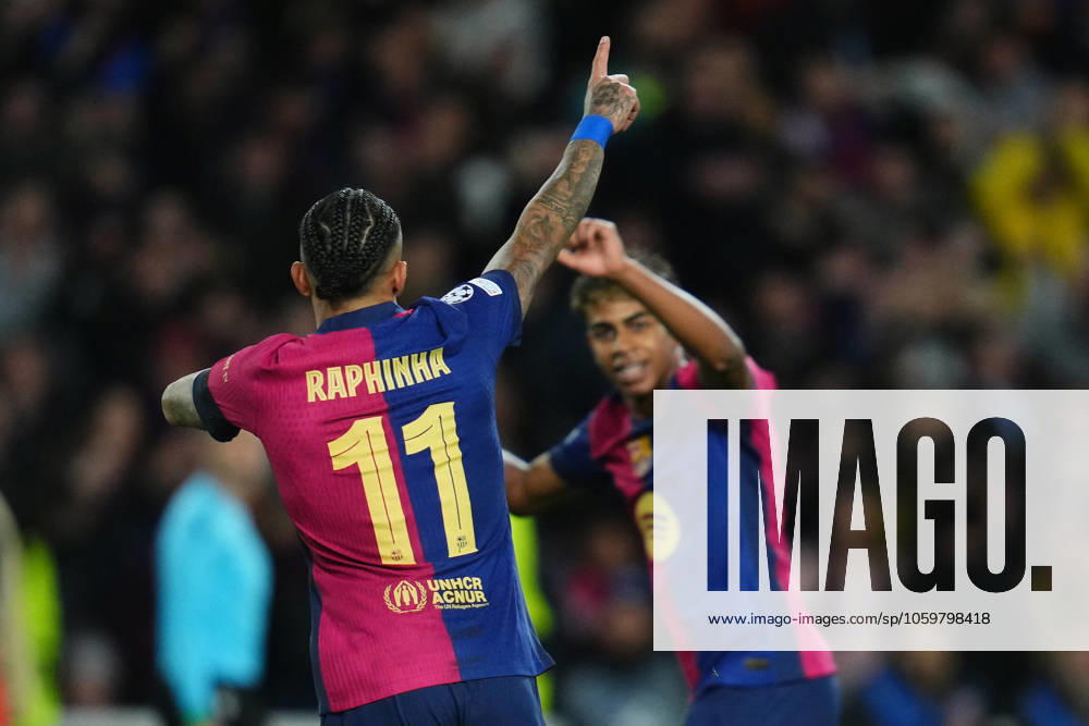 ESP: FC Barcelona, Barca - SL Benfica. UEFA Champions League match. Round of 16 Raphael Dias Belloli Raphinha of FC Barcelona celebrates after scoring goal with his teammate Lamine Yamal during the UEFA Champions League match, Round of 16, between FC Barcelona and Benfica played at Lluis Companys Stadium on March 11 2025 in Barcelona Spain. kpng