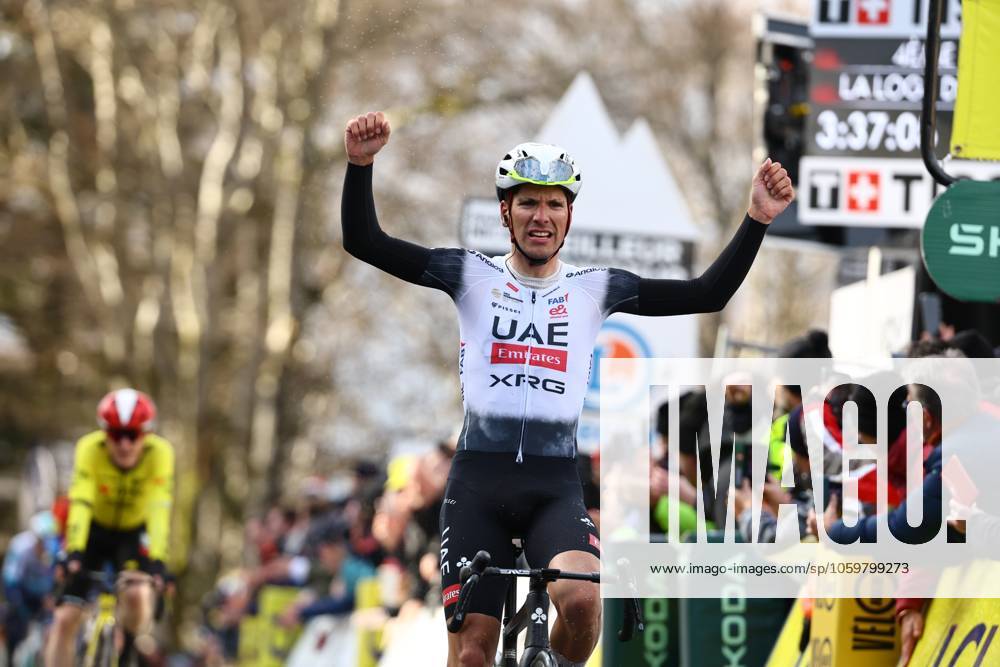 Portuguese Joao Almeida of UAE Team Emirates celebrates after winning stage four of the 83th edition of the Paris-Nice cycling race, 163,4km from Vichy to La Loge des Gardes, France, Wednesday 12 March 2025. DAVIDxPINTENS x114779467x