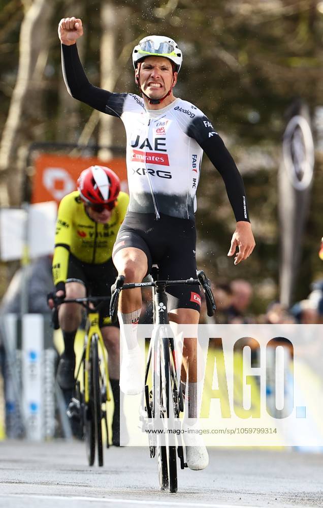 Portuguese Joao Almeida of UAE Team Emirates celebrates after winning stage four of the 83th edition of the Paris-Nice cycling race, 163,4km from Vichy to La Loge des Gardes, France, Wednesday 12 March 2025. DAVIDxPINTENS x114779900x