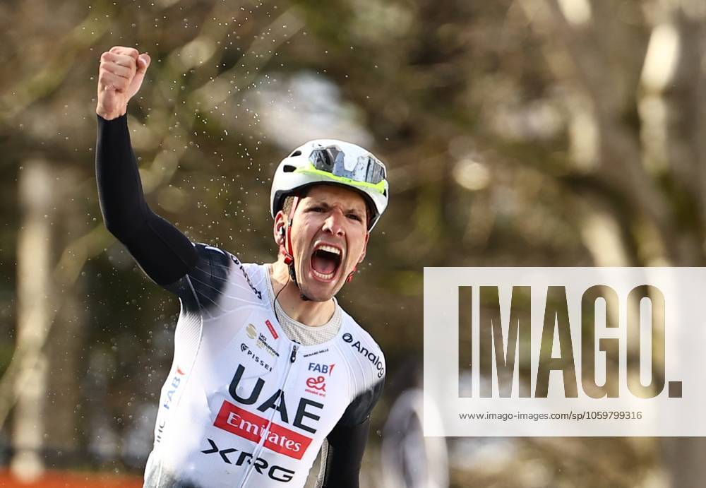 KW11 Portuguese Joao Almeida of UAE Team Emirates celebrates after winning stage four of the 83th edition of the Paris-Nice cycling race, 163,4km from Vichy to La Loge des Gardes, France, Wednesday 12 March 2025. DAVIDxPINTENS x114779920x