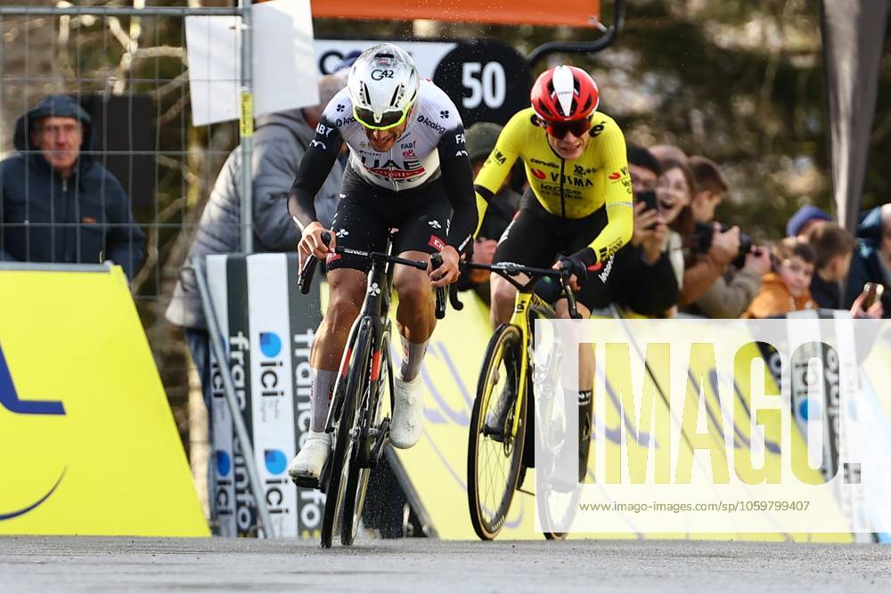 Portuguese Joao Almeida of UAE Team Emirates wins ahead of Danish Jonas Vingegaard Hansen of Team Visma-Lease a Bike in stage four of the 83th edition of the Paris-Nice cycling race, 163,4km from Vichy to La Loge des Gardes, France, Wednesday 12 March 2025. DAVIDxPINTENS x114780557x