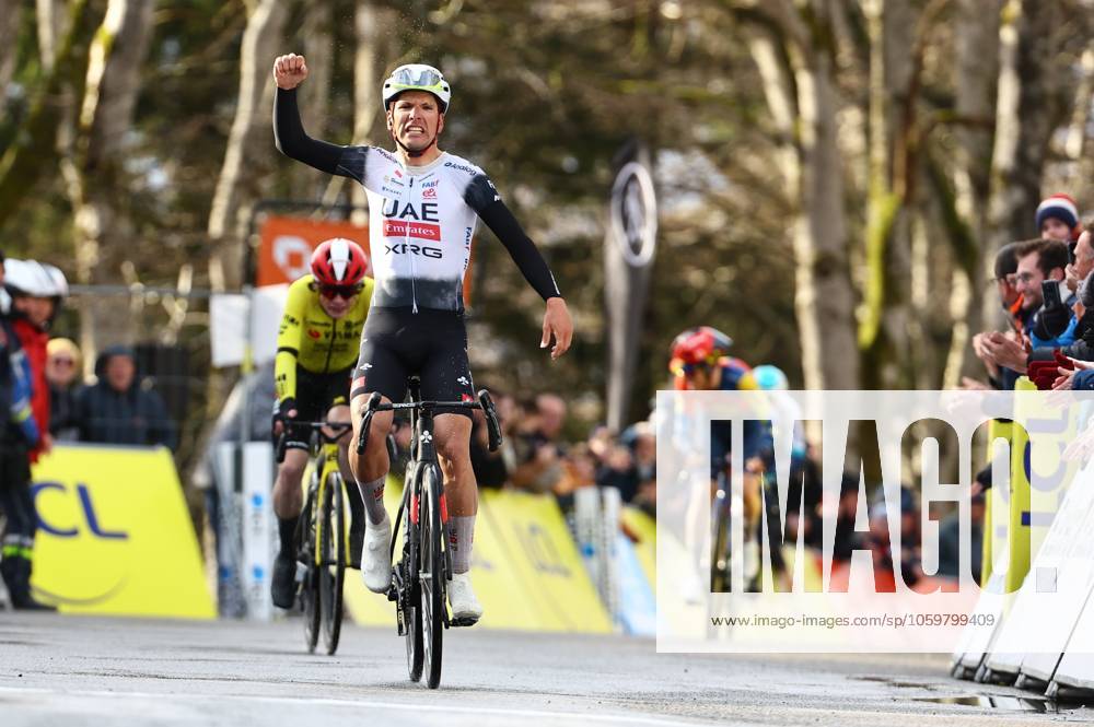 Portuguese Joao Almeida of UAE Team Emirates wins ahead of Danish Jonas Vingegaard Hansen of Team Visma-Lease a Bike in stage four of the 83th edition of the Paris-Nice cycling race, 163,4km from Vichy to La Loge des Gardes, France, Wednesday 12 March 2025. DAVIDxPINTENS x114780606x