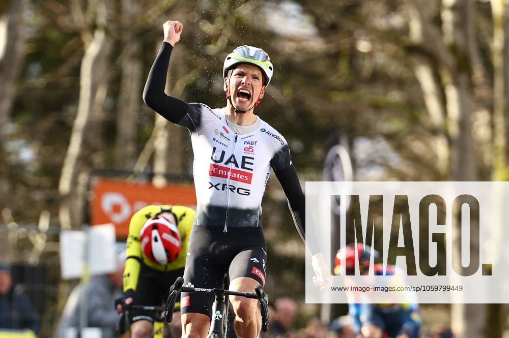 Portuguese Joao Almeida of UAE Team Emirates celebrates after winning stage four of the 83th edition of the Paris-Nice cycling race, 163,4km from Vichy to La Loge des Gardes, France, Wednesday 12 March 2025. DAVIDxPINTENS x114780753x