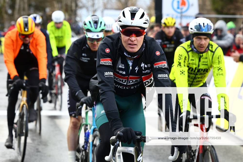 Belgian Tim Merlier of Soudal Quick-Step crosses the finish line of stage four of the 83th edition of the Paris-Nice cycling race, 163,4km from Vichy to La Loge des Gardes, France, Wednesday 12 March 2025. DAVIDxPINTENS x114781121x