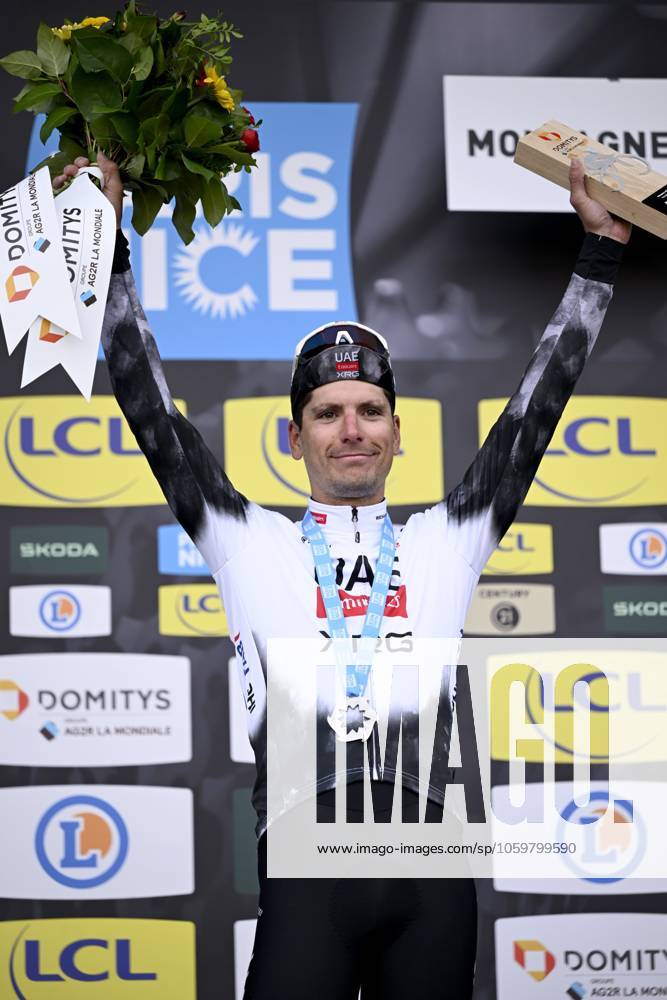 Paris - Nice 2025 - stage 4 LA LOGE DES GARDES, FRANCE - MARCH 12 : Almeida Joao (POR) of Uae Team Emirates - Xrg pictured during the podium ceremony of stage 4 of the 83th edition of the Paris - Nice cycling race, a stage of 163,4km with start in Vichy and finish in La Loge Des Gardes on March 12, 2025 in La Loge Des Gardes, France, 12 03 2025 ( Motordriver Kenny Verfaillie - La Loge Des Gardes France