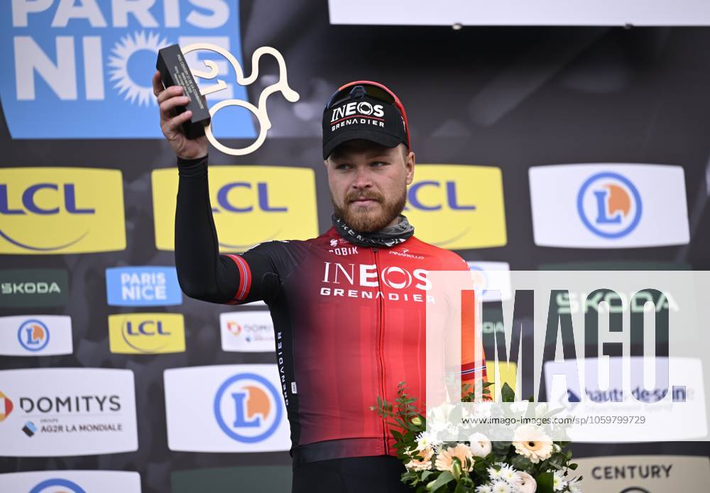 Paris - Nice 2025 - stage 4 LA LOGE DES GARDES, FRANCE - MARCH 12 : Foss Tobias (NOR) of Ineos Grenadiers pictured with the combativity prize during the podium ceremony of stage 4 of the 83th edition of the Paris - Nice cycling race, a stage of 163,4km with start in Vichy and finish in La Loge Des Gardes on March 12, 2025 in La Loge Des Gardes, France, 12 03 2025 ( Motordriver Kenny Verfaillie - La Loge Des Gardes France