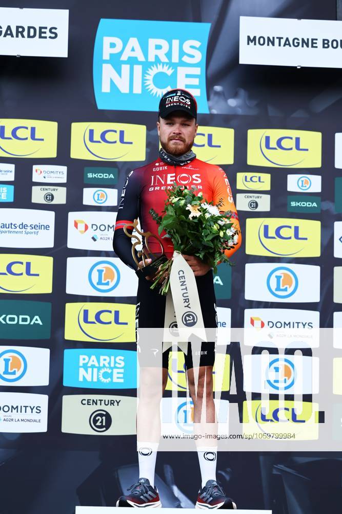 Norwegian Tobias Svendsen Foss of Ineos Grenadiers celebrates on the podium of stage four of the 83th edition of the Paris-Nice cycling race, 163,4km from Vichy to La Loge des Gardes, France, Wednesday 12 March 2025. DAVIDxPINTENS x114784682x