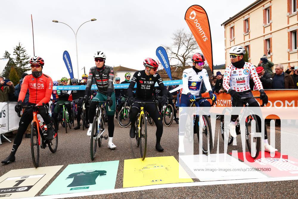 Norwegian Tobias Svendsen Foss of Ineos Grenadiers, Belgian Tim Merlier of Soudal Quick-Step, Danish Jonas Vingegaard Hansen of Team Visma-Lease a Bike, Danish Mattias Skjelmose Jensen of Lidl-Trek and Portuguese Joao Almeida of UAE Team Emirates pictured at the start of stage five of the 83th edition of the Paris-Nice cycling race, 196,5 km from Saint-Just-en-Chevalet to La Cote-Saint-Andre, France, Thursday 13 March 2025. DAVIDxPINTENS x114849202x