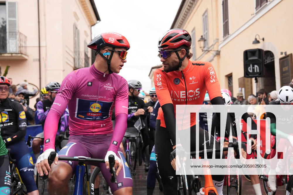 From left Milan Jonathan of Lidl-Trek and Ganna Filippo of Ineos Grenadiers during the 60th Tirreno - Adriatico 2025, Stage 4 from Norcia to Trasacco - on March 13, 2025 in Norcia, Umbria, Italy.