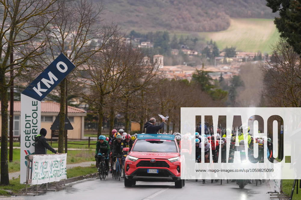 Km zero strat of the race during the 60th Tirreno - Adriatico 2025, Stage 4 from Norcia to Trasacco - on March 13, 2025 in Norcia, Umbria, Italy.
