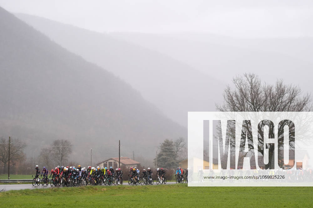 The pack rides during the 60th Tirreno - Adriatico 2025, Stage 4 from Norcia to Trasacco - on March 13, 2025 in Norcia, Umbria, Italy.