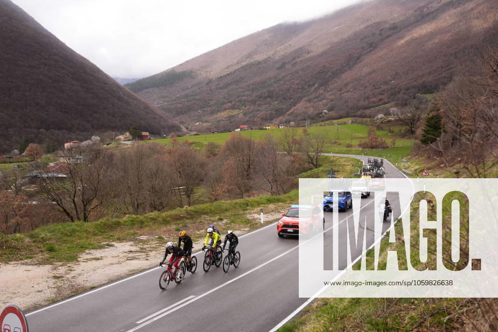 The pack rides during the 60th Tirreno - Adriatico 2025, Stage 4 from Norcia to Trasacco - on March 13, 2025 in Norcia, Umbria, Italy.