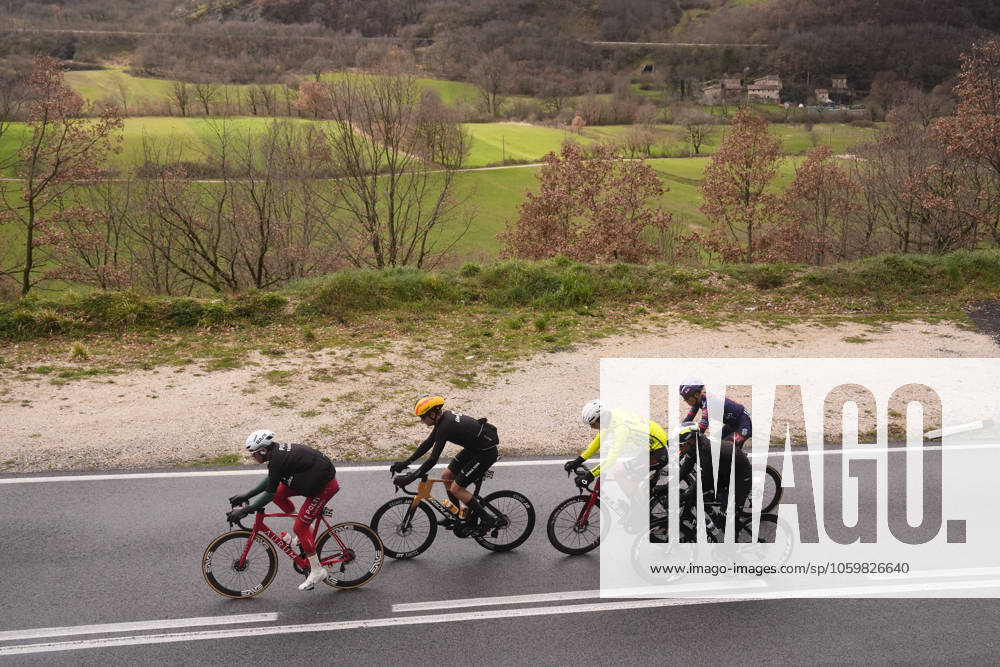 The pack rides during the 60th Tirreno - Adriatico 2025, Stage 4 from Norcia to Trasacco - on March 13, 2025 in Norcia, Umbria, Italy.