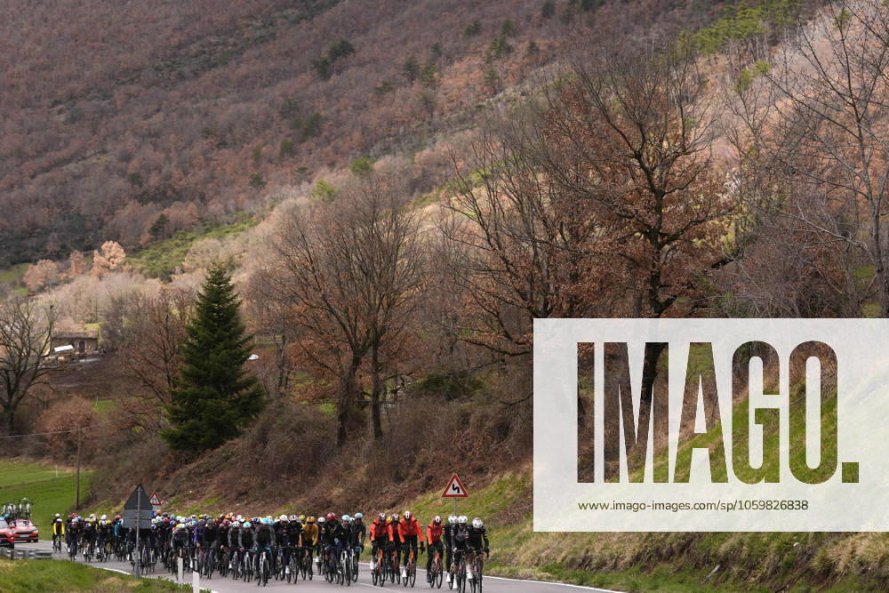 The pack rides during the 60th Tirreno - Adriatico 2025, Stage 4 from Norcia to Trasacco - on March 13, 2025 in Norcia, Umbria, Italy.