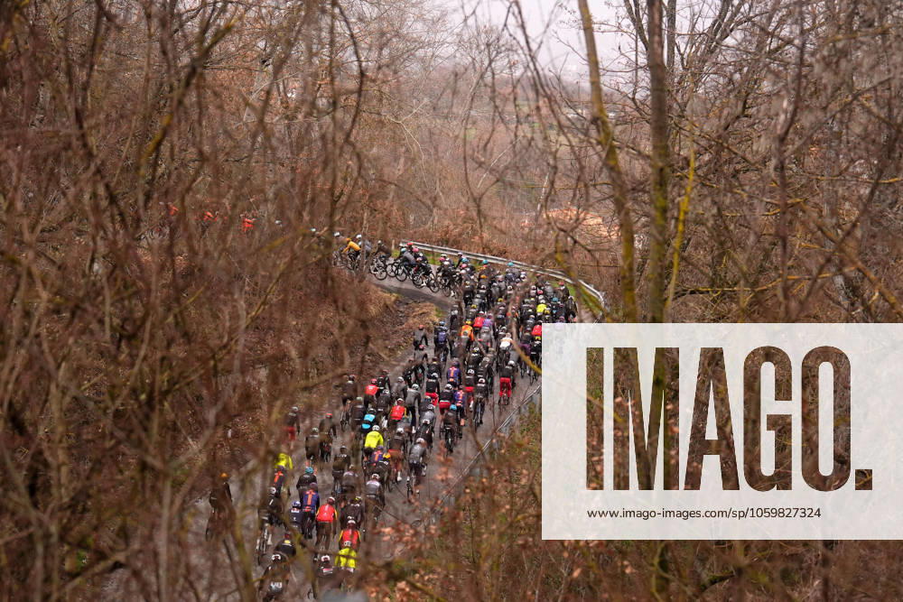 The pack rides during the 60th Tirreno - Adriatico 2025, Stage 4 from Norcia to Trasacco - on March 13, 2025 in Norcia, Umbria, Italy.