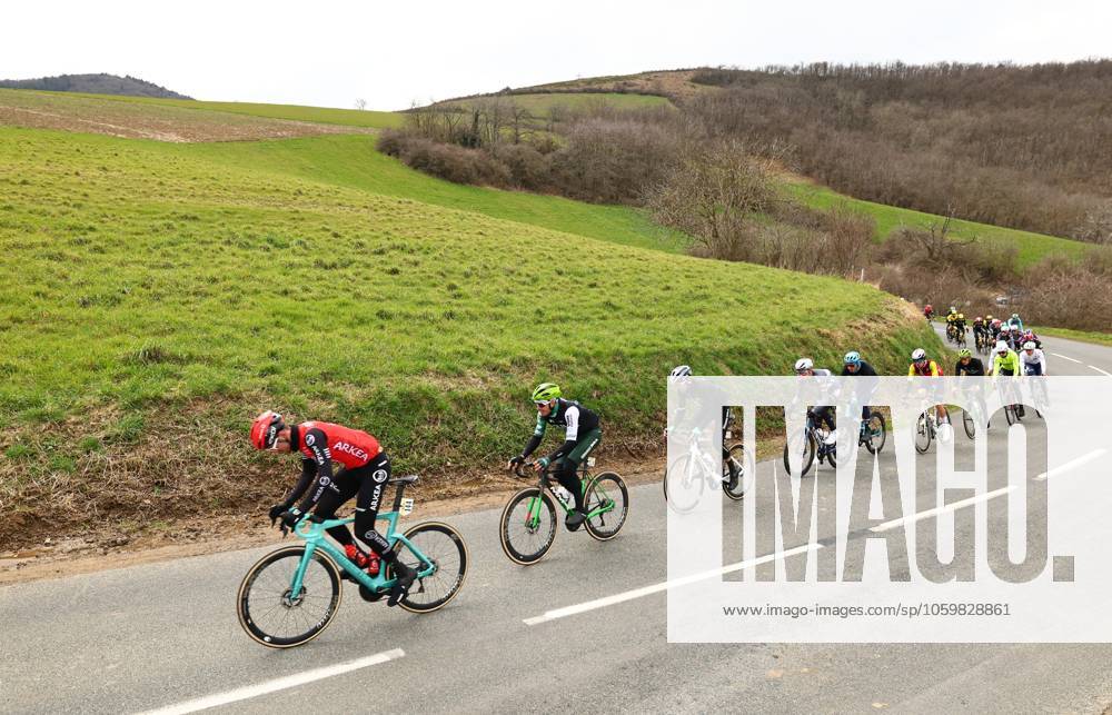 Australian Miles Scotson of Arkea-BB Hotels, Spanish Joel Nicolau of Caja Rural-Seguros RGA and Uruguayan Thomas Silva of Caja Rural-Seguros RGA pictured in action during stage five of the 83th edition of the Paris-Nice cycling race, 196,5 km from Saint-Just-en-Chevalet to La Cote-Saint-Andre, France, Thursday 13 March 2025. DAVIDxPINTENS x114859024x