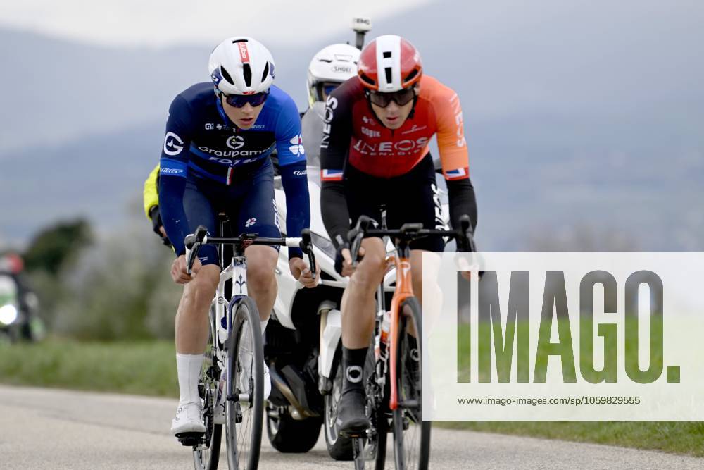 Paris - Nice 2025 - stage 5 LA COTE-SAINT-ANDRE, FRANCE - MARCH 13 : Gruel Thibaud (FRA) of Groupama - Fdj and Swift Ben (GBR) of Ineos Grenadiers during stage 5 of the 83th edition of the Paris - Nice cycling race, a stage of 196,5km with start in Saint-Just-en-Chevalet and finish in La Cote-Saint-Andre on March 13, 2025 in La Cote-Saint-Andre, France, 13 03 2025 ( Motordriver Kenny Verfaillie - La Cote-Saint-Andre France