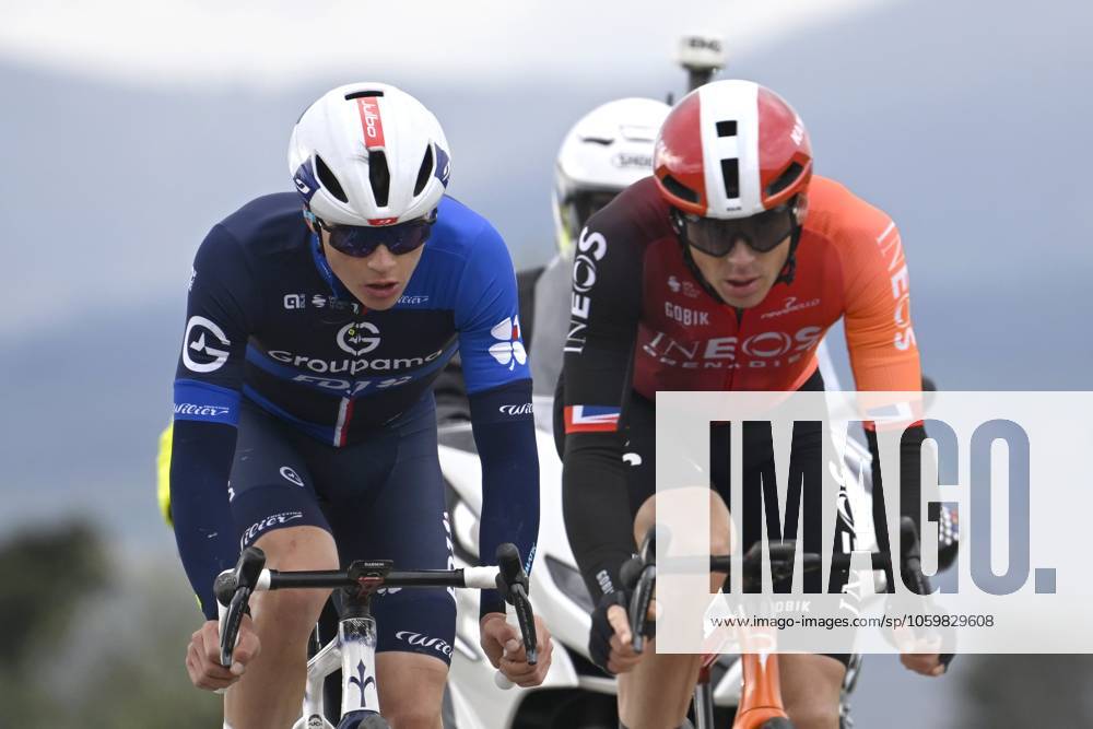 Paris - Nice 2025 - stage 5 LA COTE-SAINT-ANDRE, FRANCE - MARCH 13 : Gruel Thibaud (FRA) of Groupama - Fdj and Swift Ben (GBR) of Ineos Grenadiers during stage 5 of the 83th edition of the Paris - Nice cycling race, a stage of 196,5km with start in Saint-Just-en-Chevalet and finish in La Cote-Saint-Andre on March 13, 2025 in La Cote-Saint-Andre, France, 13 03 2025 ( Motordriver Kenny Verfaillie - La Cote-Saint-Andre France