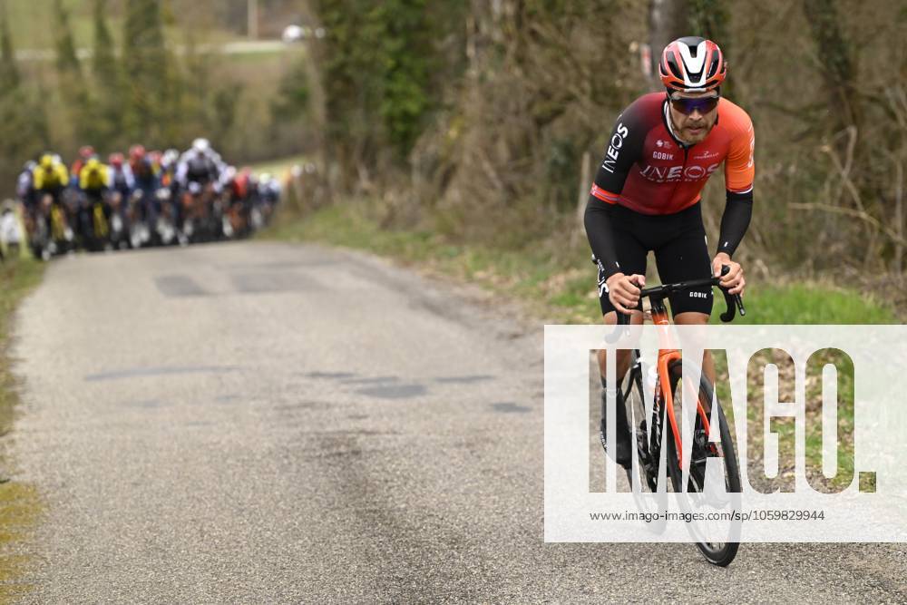 Paris - Nice 2025 - stage 5 LA COTE-SAINT-ANDRE, FRANCE - MARCH 13 : Foss Tobias (NOR) of Ineos Grenadiers attacking during stage 5 of the 83th edition of the Paris - Nice cycling race, a stage of 196,5km with start in Saint-Just-en-Chevalet and finish in La Cote-Saint-Andre on March 13, 2025 in La Cote-Saint-Andre, France, 13 03 2025 ( Motordriver Kenny Verfaillie - La Cote-Saint-Andre France