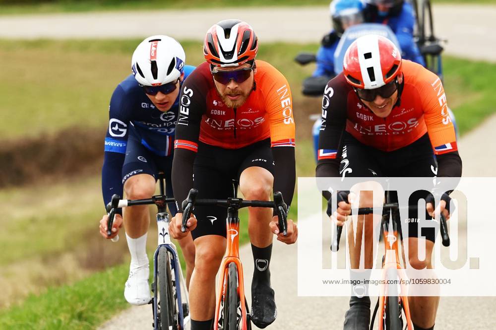 French Thibaud Gruel of Groupama-FDJ, Norwegian Tobias Svendsen Foss of Ineos Grenadiers and British Ben Swift of Ineos Grenadiers pictured in action during stage five of the 83th edition of the Paris-Nice cycling race, 196,5 km from Saint-Just-en-Chevalet to La Cote-Saint-Andre, France, Thursday 13 March 2025. DAVIDxPINTENS x114862708x