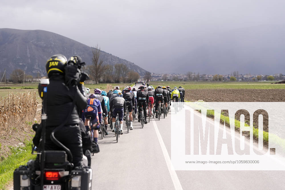 The pack rides during the 60th Tirreno - Adriatico 2025, Stage 4 from Norcia to Trasacco - on March 13, 2025 in Norcia, Umbria, Italy.
